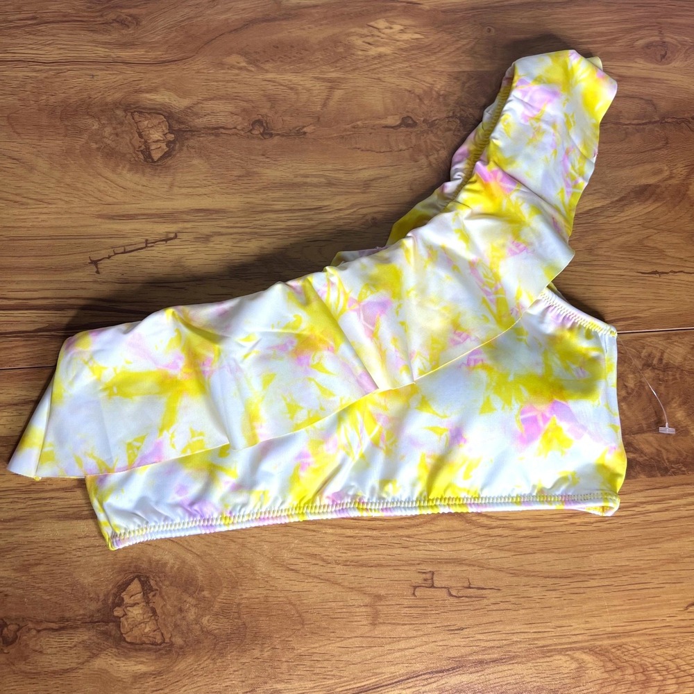 Phax Swimwear Bikini Top Sz M One Shoulder Ruffle Yellow Pink White NEW